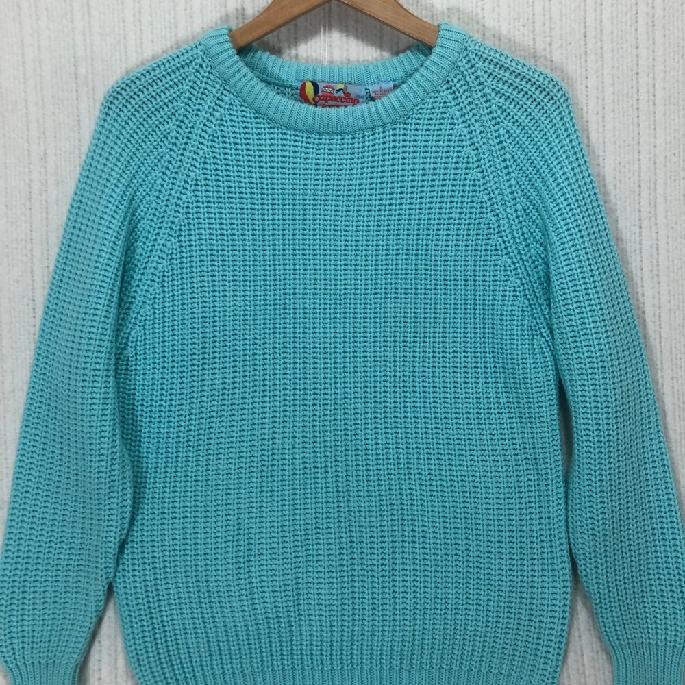 Capaccino Knit Sweater Raglan Crew Neck Pullover Casual Aqua‎ Blue Small